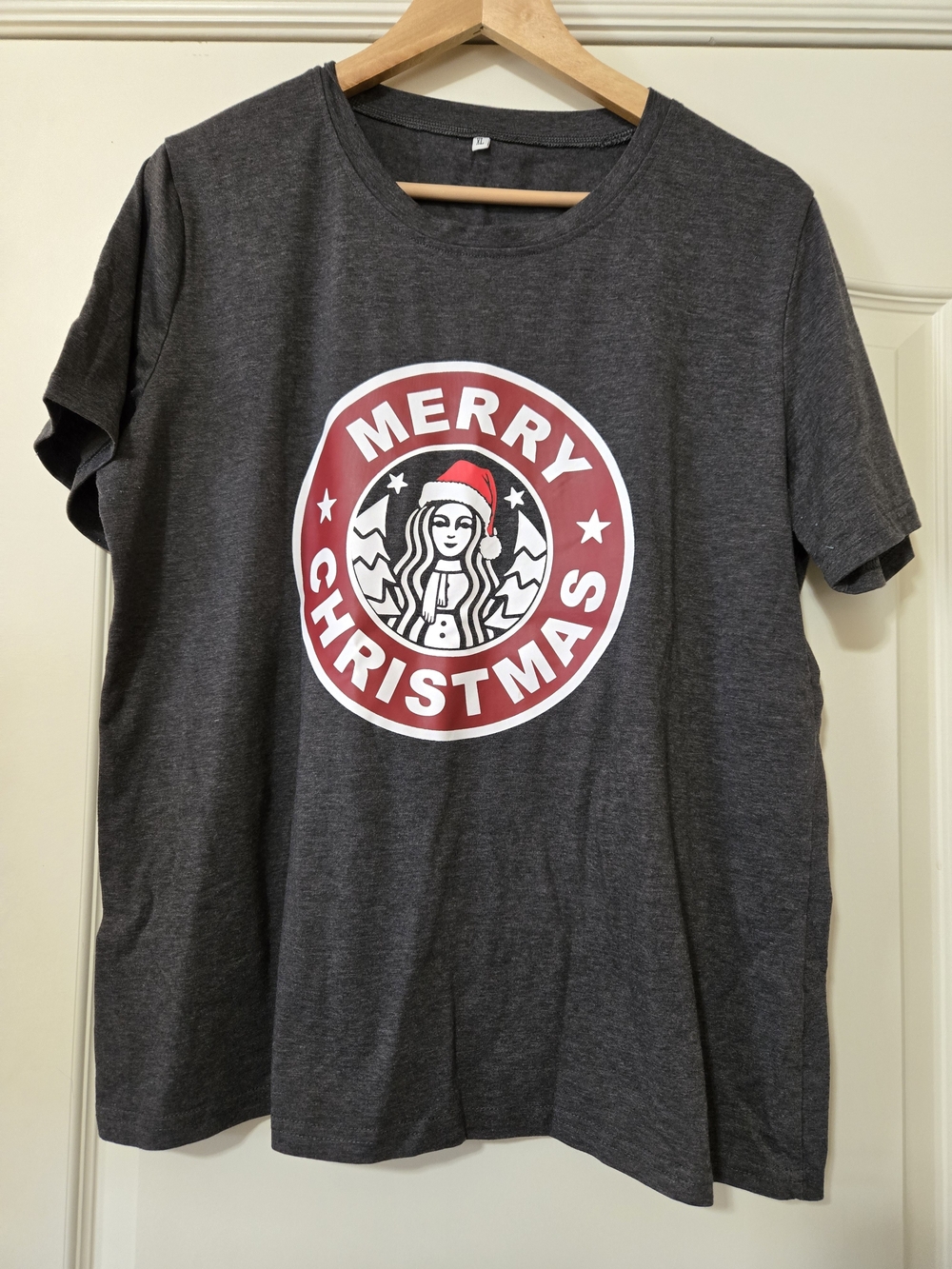 Starbucks Charcoal Short Sleeve Tee with Red and White Holiday Emblem